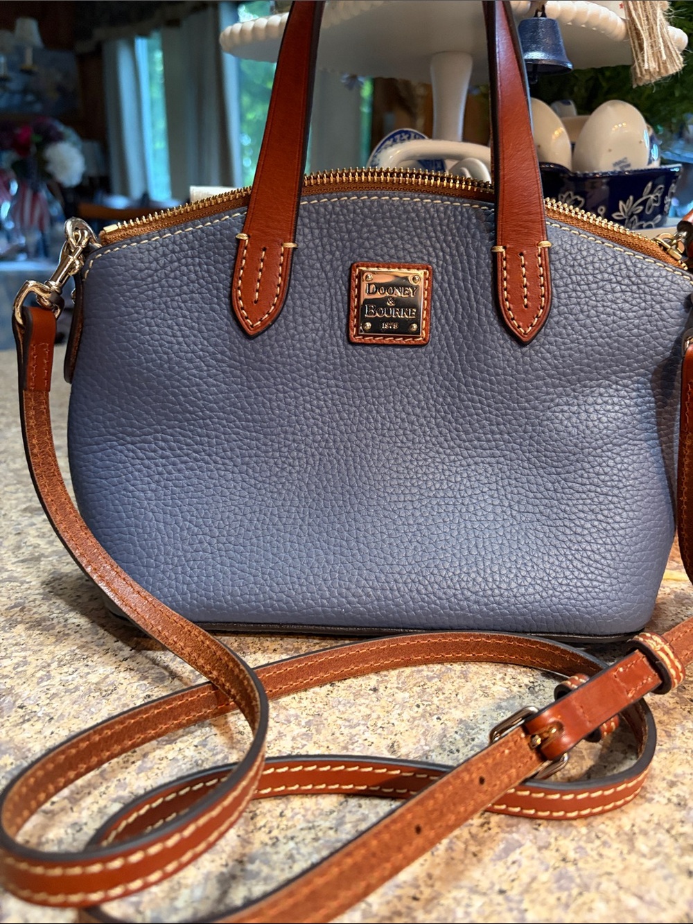 Dooney & Bourke Blue Pebbled Leather Crossbody with Brown Trim